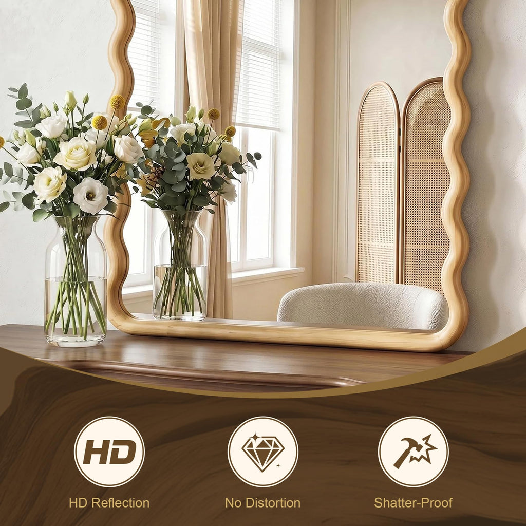 Wavy Wood Bathroom Mirror, 20" x 30" Boho Vanity Mirror for Wall