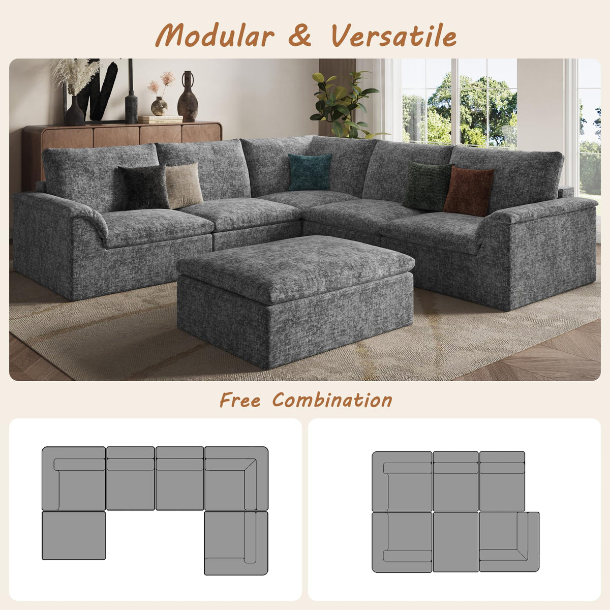 115" Modular Sectional Sofa, Boneless Couches