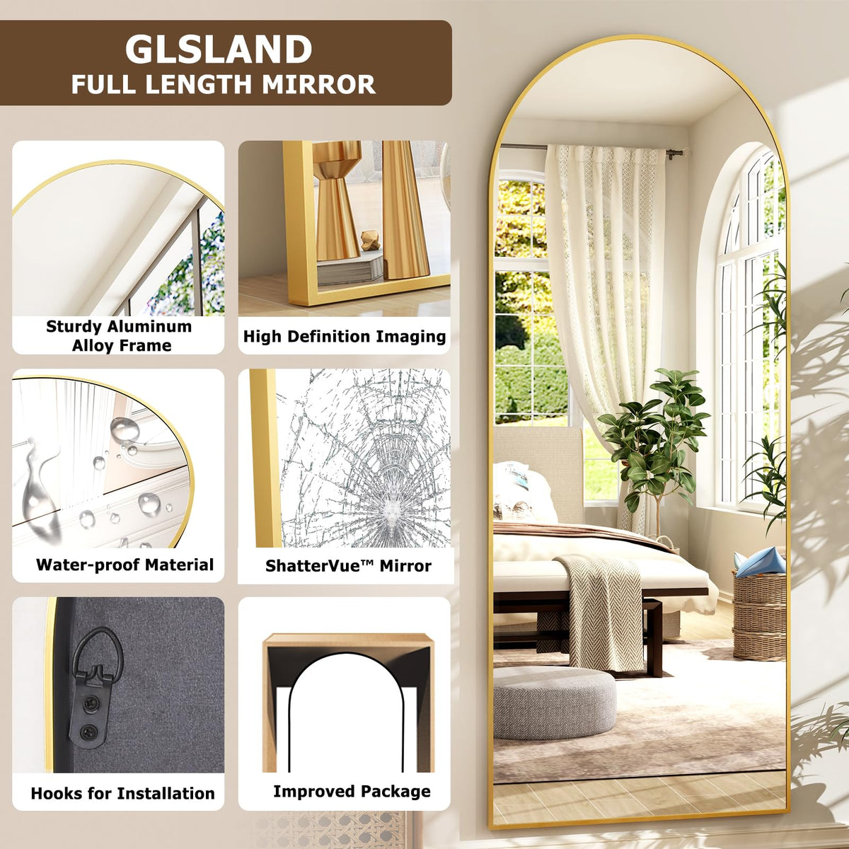 26" x 71" Arched Full Length Mirror - Gold Full Body Mirror - Extra Large Floor Mirrors