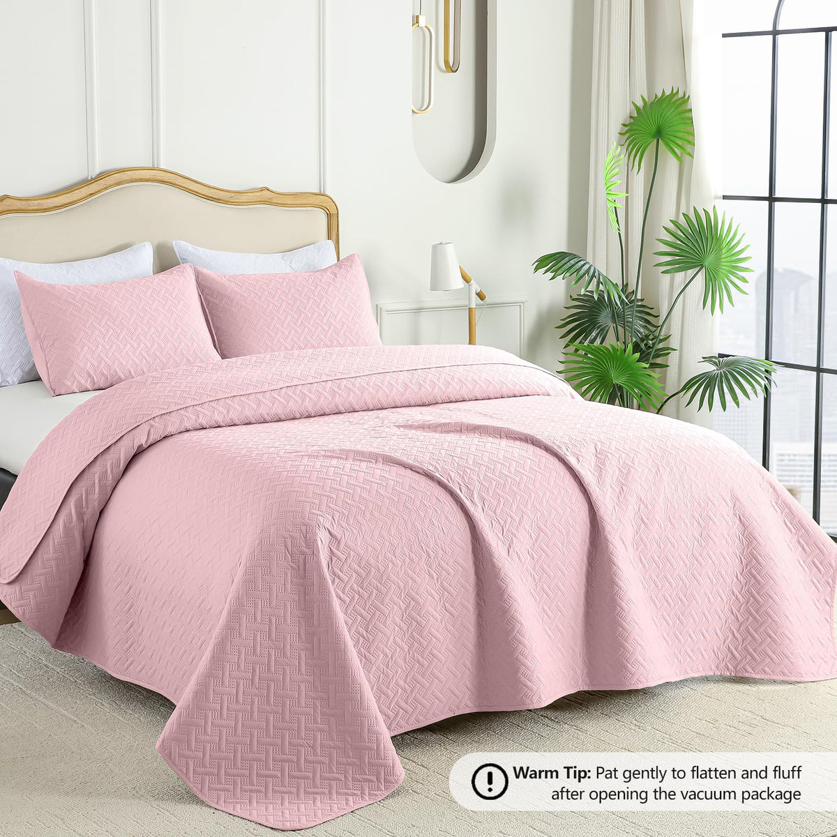 Quilt Bedding Set Pink Lightweight Bedspreads Set, Modern Style Geometric Weave Stripe Pattern, Soft