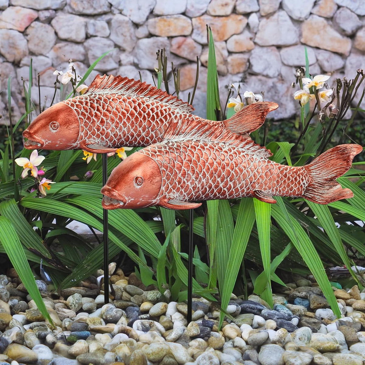 Garden Statues Koi Fish Decor Outdoor Garden Fish Statues, Set of 2 Antique Copper Koi Art Sculptures , Backyard