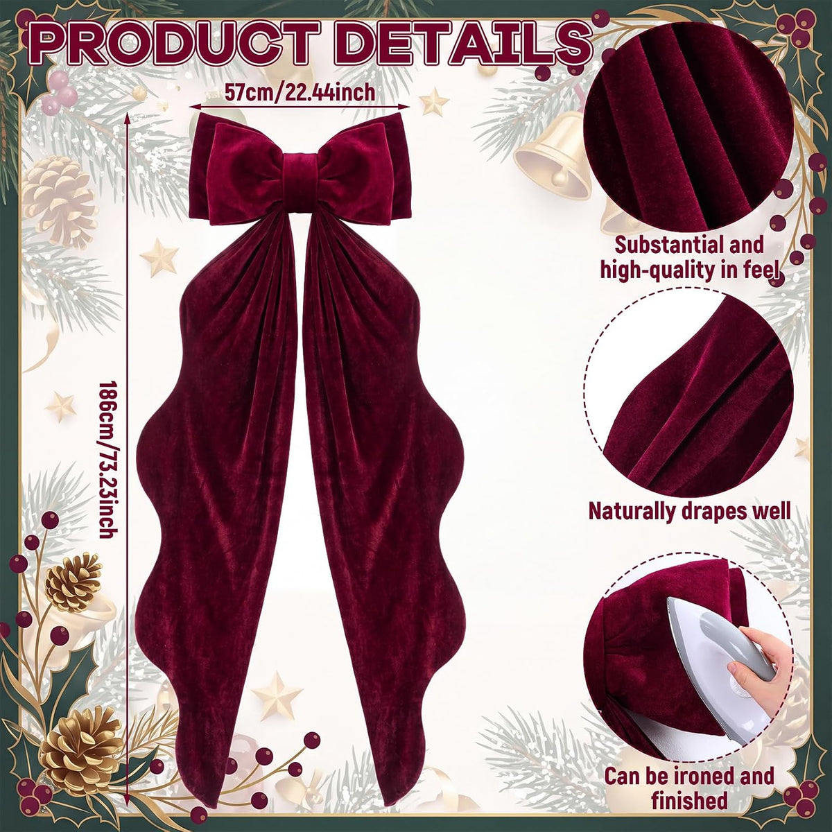 2 Pcs Large Velvet Christmas Bow Christmas Tree Topper Bow Decor