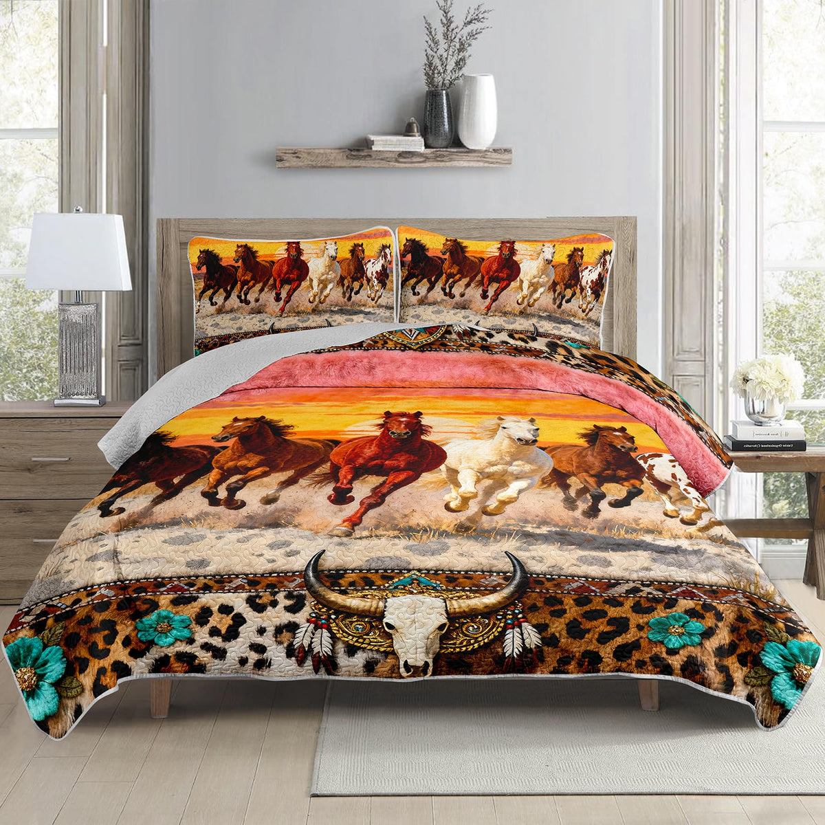 Western Horse Quilted Bedding Set, 3-Piece Running Horses Sunset Theme Bedspread Boho Coverlet, with 2