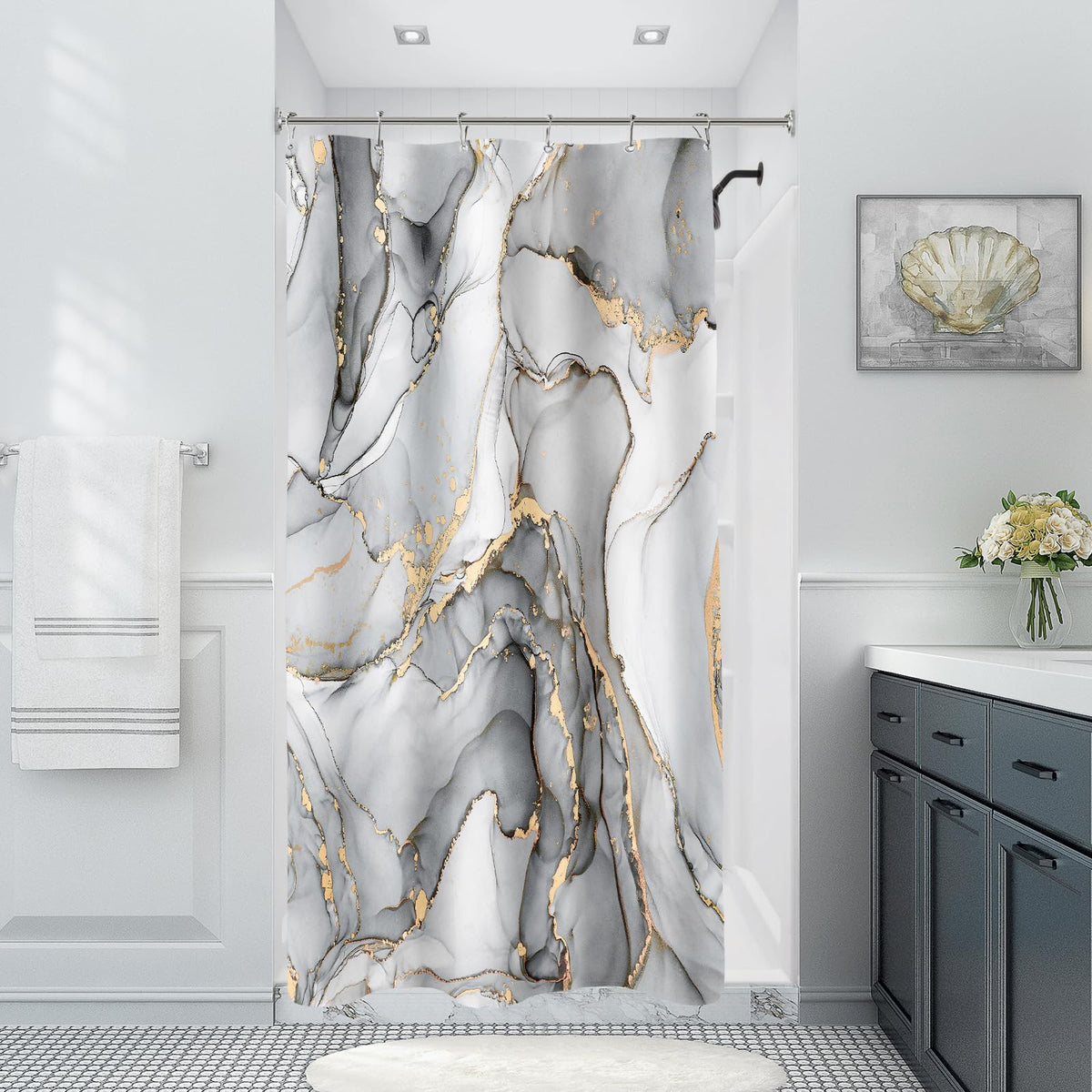 Small Stall Shower Curtain 36 x 72 Inch, Half Narrow Abstract Marble Decor
