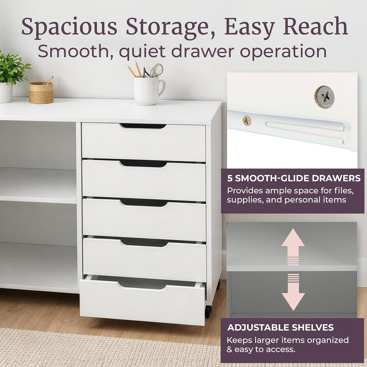 5 Drawer Office Storage Cabinet - Wooden Lateral File Cabinet with 5 Drawers, Door, and Adjustable Shelves - Rolling