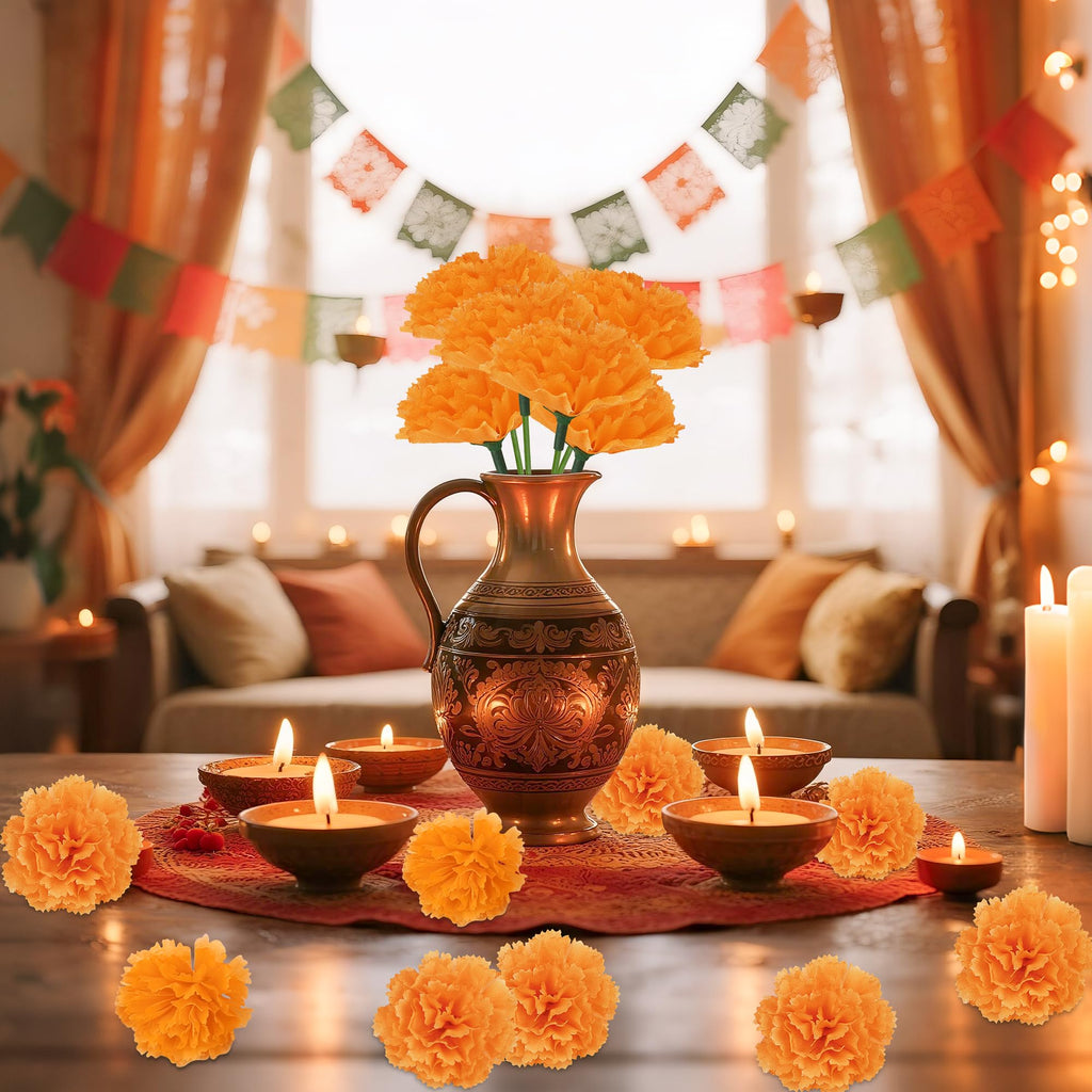 80 Pcs Artificial Marigold Flowers, 2" Silk Marigold Flower Heads with Stems, Orange Flowers Artificial for Diwali