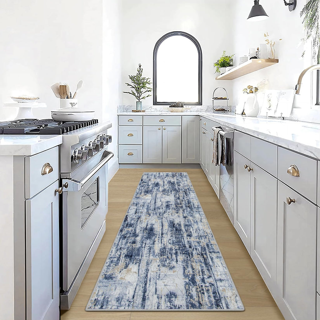 2'6''x8' Runner Rugs Washable Rug: Modern Abstract Hallway Blue Gold Carpet