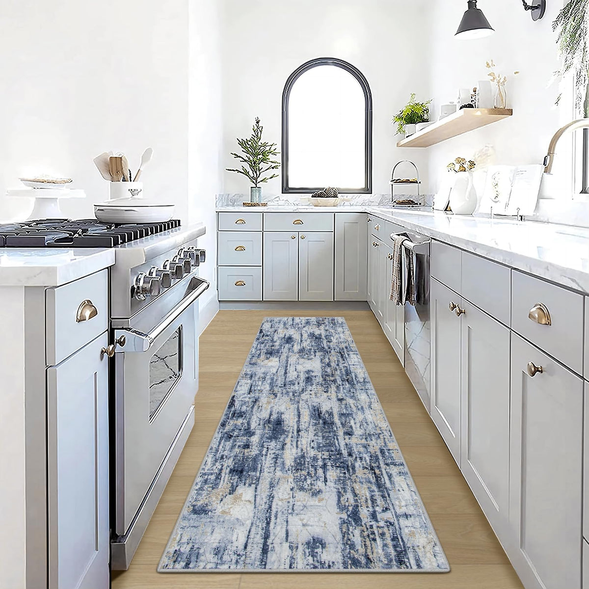 2'6''x8' Runner Rugs Washable Rug: Modern Abstract Hallway Blue Gold Carpet