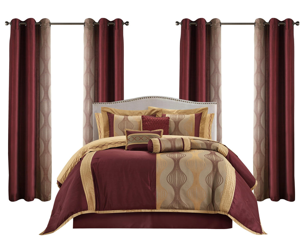 King Comforter Set, Wine Gold, 15 Pieces Room in a Bag, Ultra Soft Jacquard with Patchwork, Luxury Bed Set with