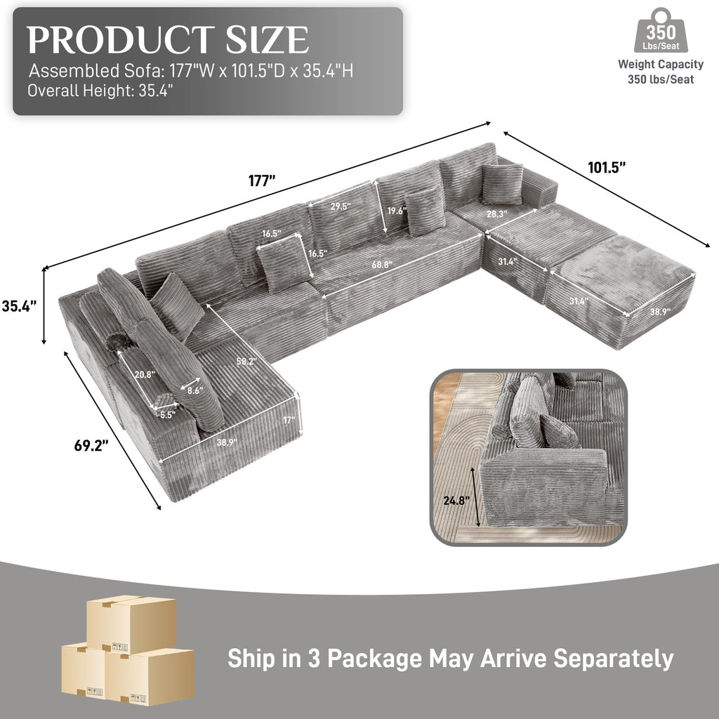 177" Modular Cloud Couch, 8 Seater Corduroy Sectional, Ottoman, Grey