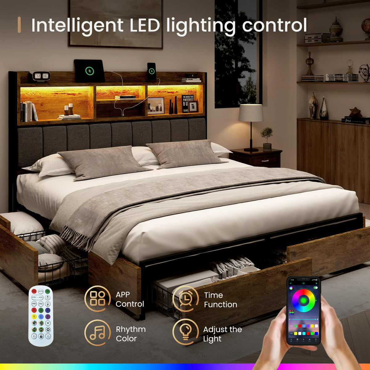 Bed Frame with 6 Storage Drawers, Linen Upholstered Headboard, Built-in USB Charging Station & LED Lighting