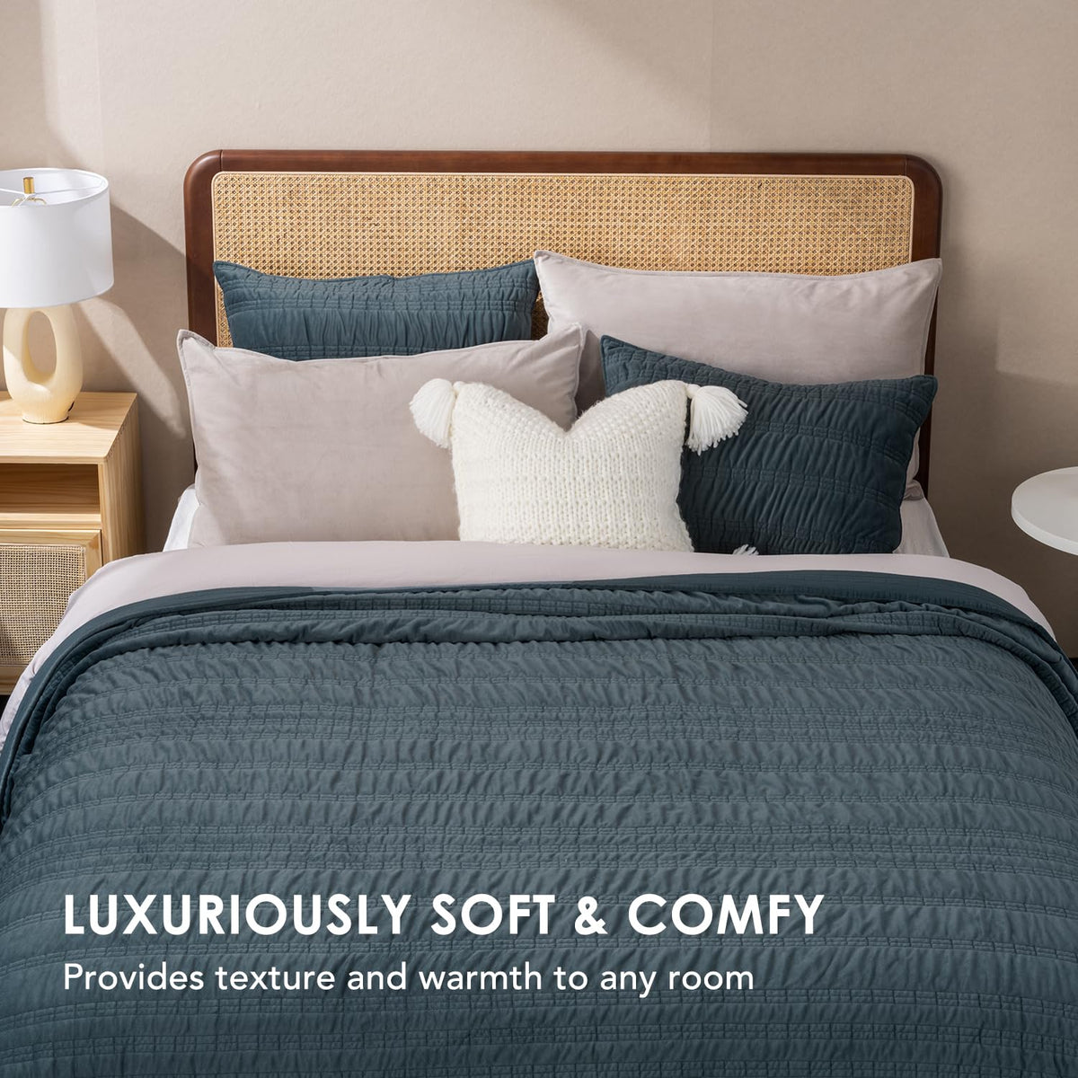 Luxury Ruched Velvet Quilt Set, Stormy Blue