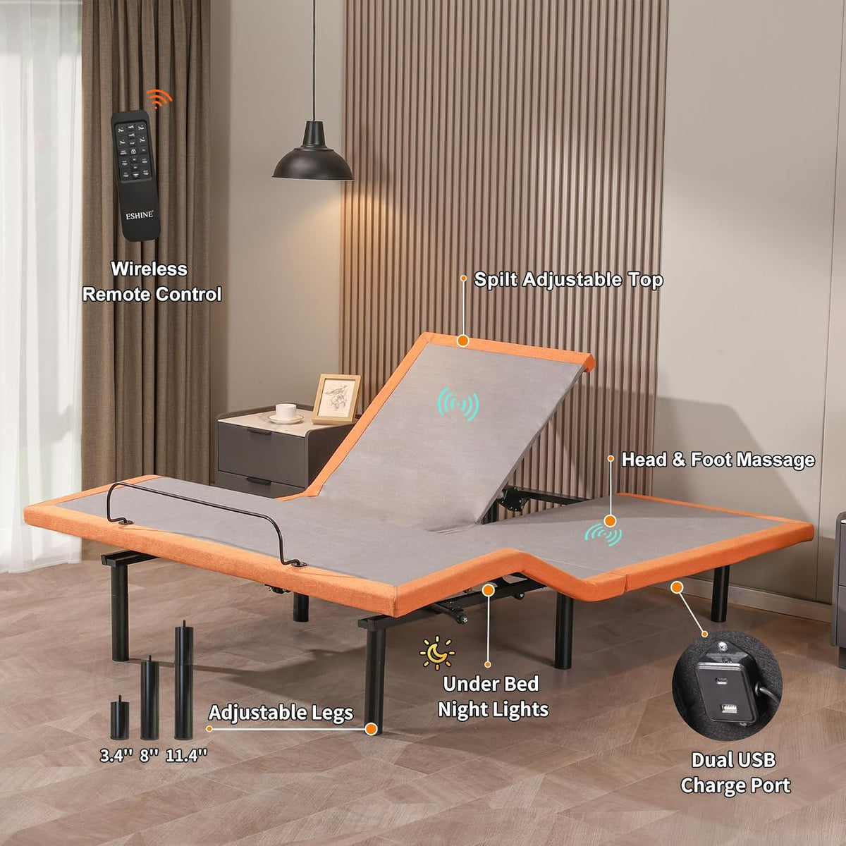 Split Top Queen Adjustable Bed Frame with Massage, Underbed Light