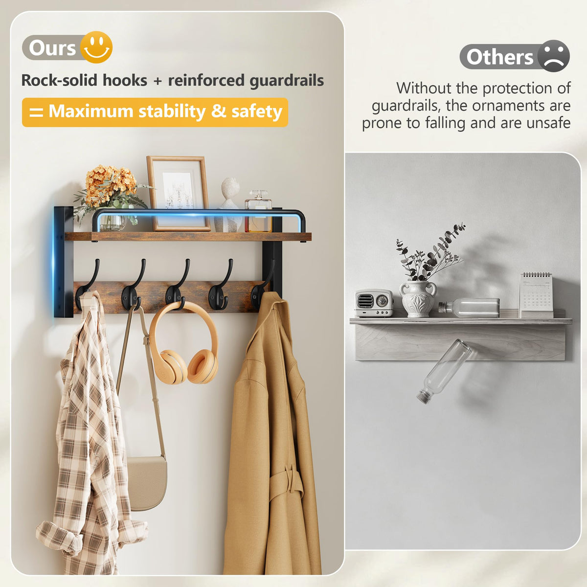 32.6"(16.3"*2) Wall Hooks with Shelf and Guardrail, Rustic Brown