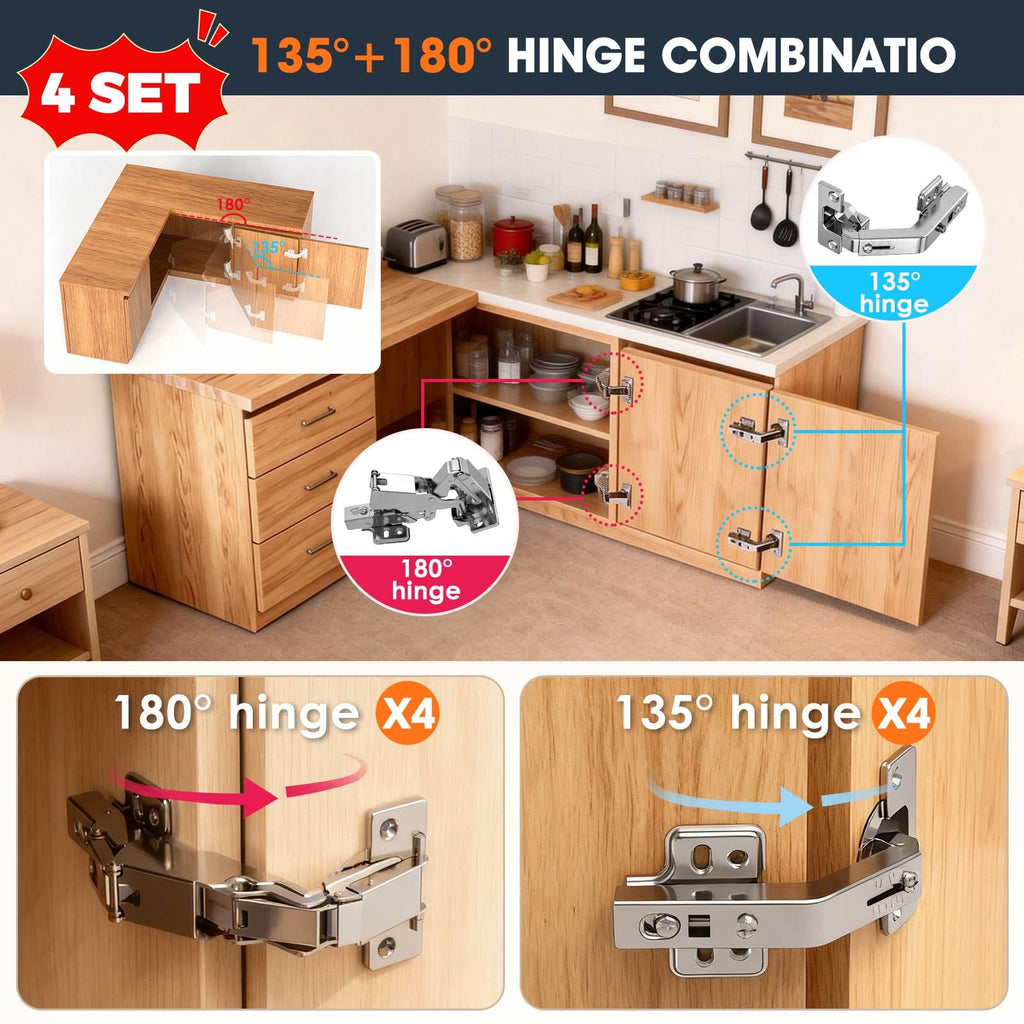 Lazy Susan Hinges, 180° & 135° Inset Corner Cabinet Hinges 8PCS
