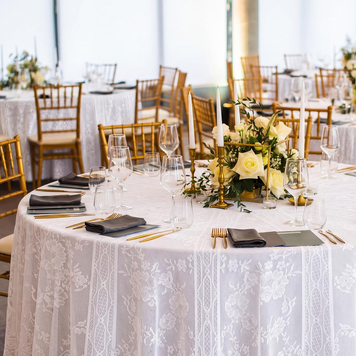 6 Pcs White 6 Pack Round Lace Tablecloth 90 Inch