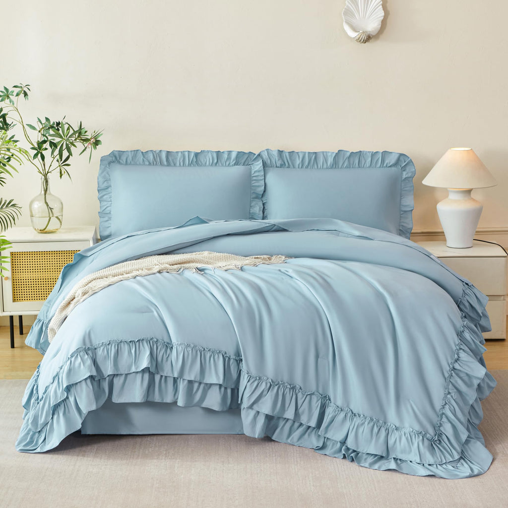 Comforter Set - 5 Pieces Ruffle Dusty Blue Bedding Sets