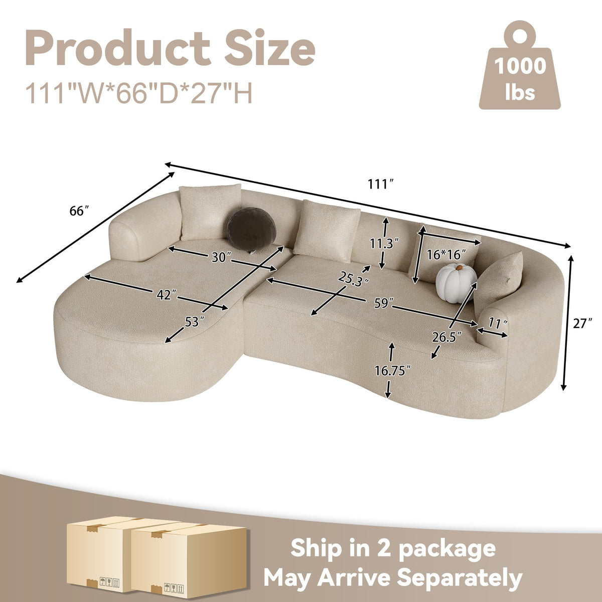 111" Oversized Boneless L-Shaped Sectional Sofa, Light Brown