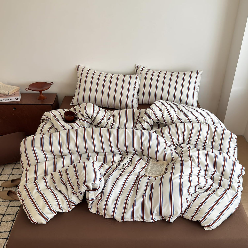 Retro Striped Duvet Cover - 3-Piece Vintage Red Brown & Blue Stripes Printed Duvet Cover Set, Soft Washed