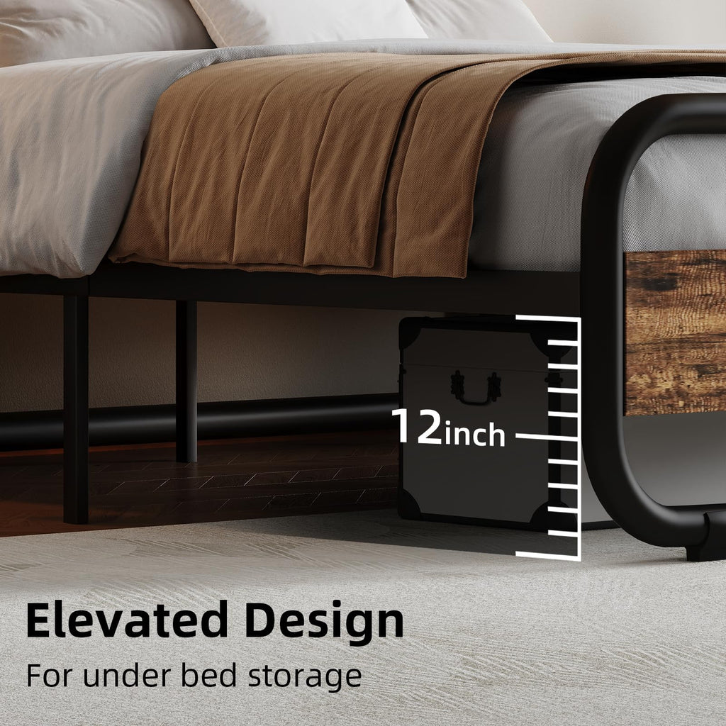 Bed Frame, Wood Headboard and Footboard, LED Lights, Rustic Brown