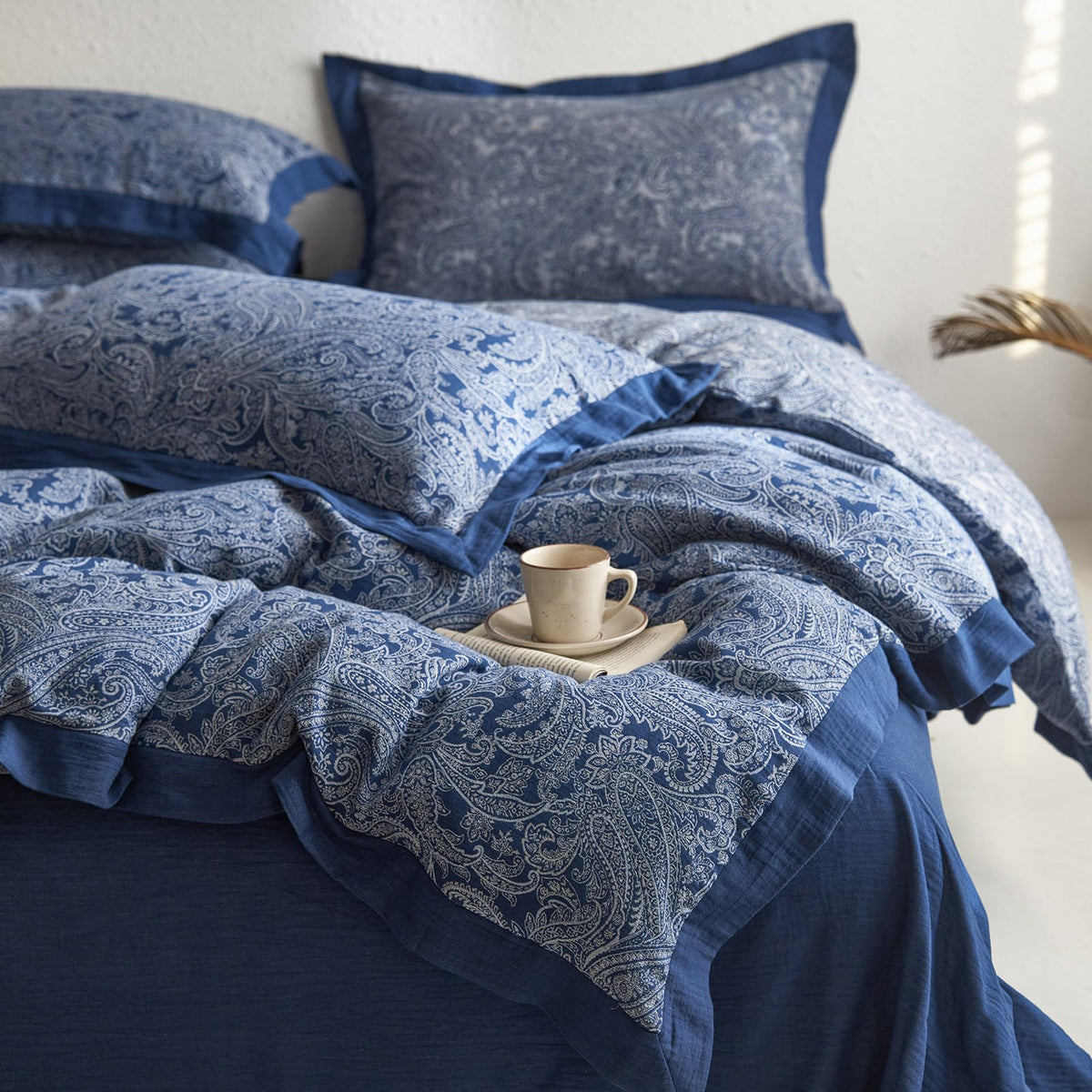 Navy Blue Duvet Cover Twin XL Vintage Boho Paisley Duvet Cover Exquisite Jacquard Bedding Set Cotton Linen Yarn-Dyed