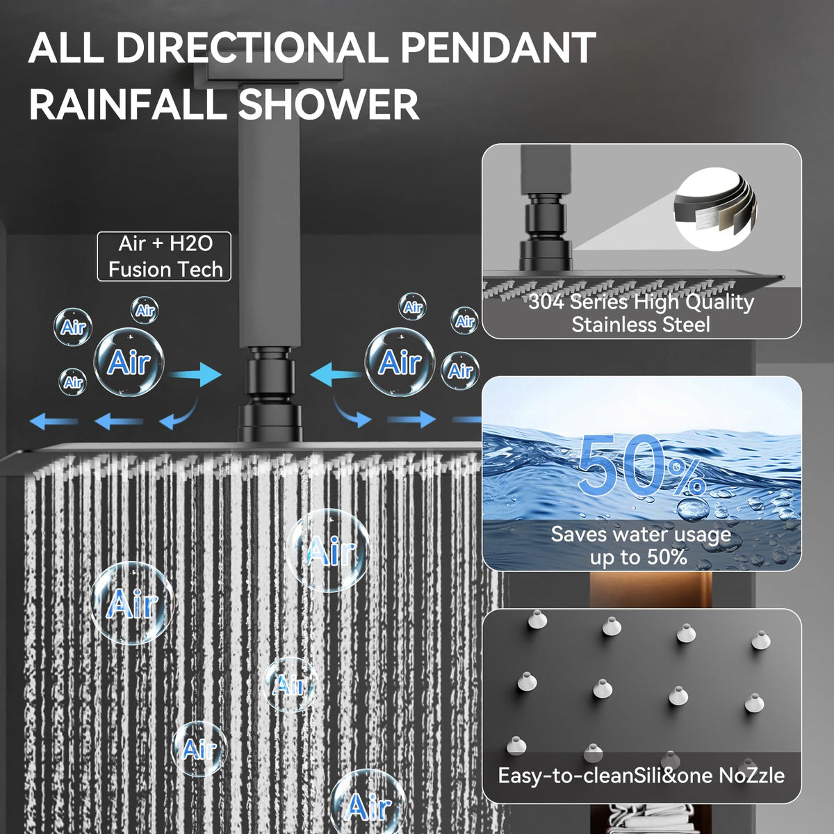 Shower System with Body Jets, Four Modes Shower Faucet 12+6" Rain Shower Head with Handheld Spray 2 Ways, 4Pcs Shower