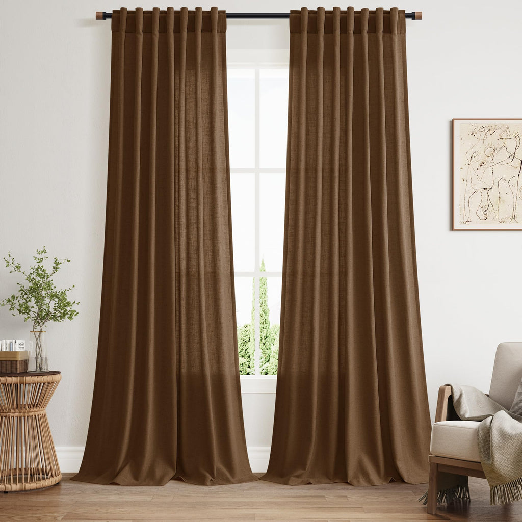 Tobacco Brown Linen Curtains 102 Inches Rod Pocket Back Tab Drapes 2 Panels Set Bedroom Light Filtering Semi Sheer