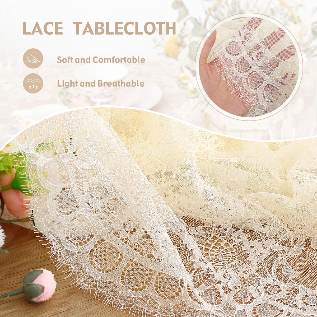Ivory Lace Tablecloth 60x120 Inches Classic Wedding Lace Tablecloths Overlay Party Table Cover for Bridal Shower