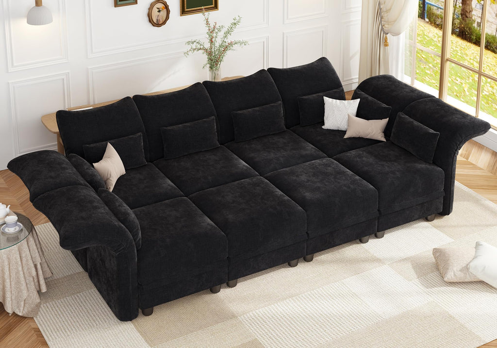 8 Seater Sectional Couches with Hidden Storage, Adjustable Armrest, Black Chenille Modular Sectional Sofa with Plush