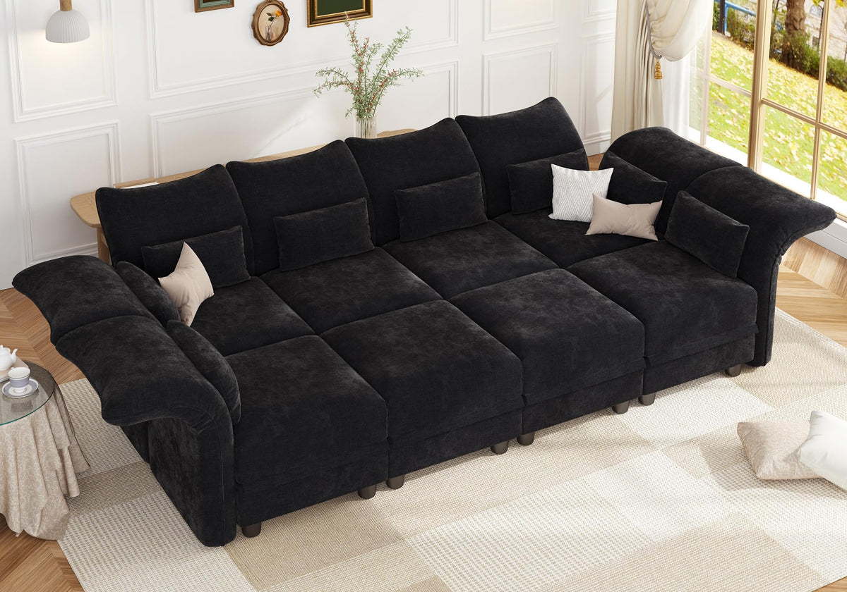 8 Seater Sectional Couches with Hidden Storage, Adjustable Armrest, Black Chenille Modular Sectional Sofa with Plush
