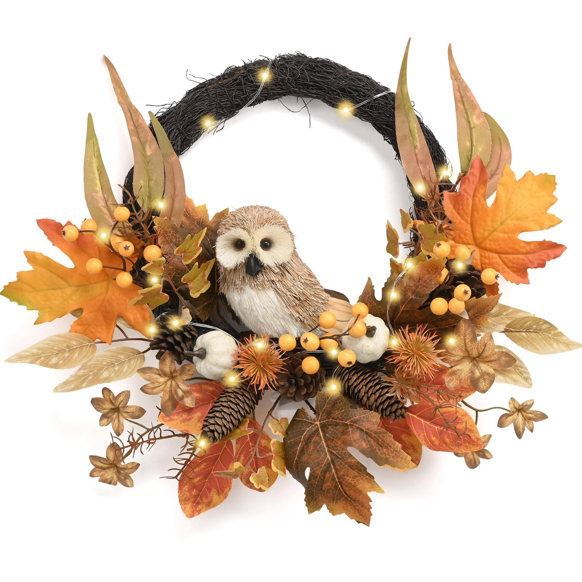 18'' Fall Wreath for Front Door with Owl Pumpkin