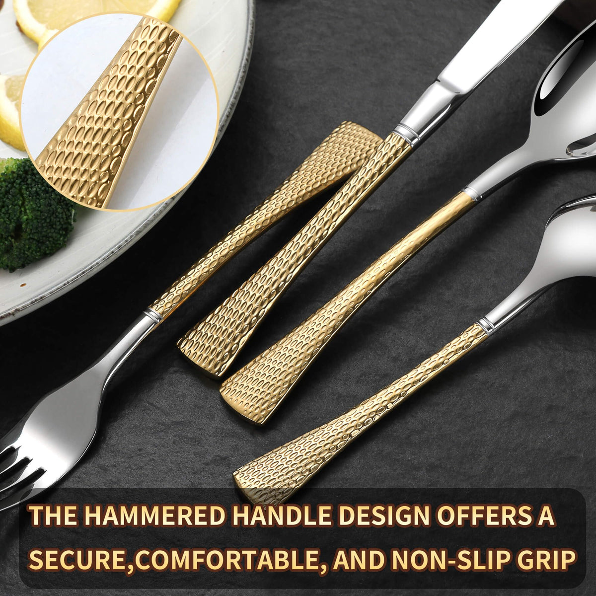 Hammered Silver Gold Silverware Set for 8,Stainless Steel 40-Piece Modern Cutlery Set,Mirror Polished Heavy Duty