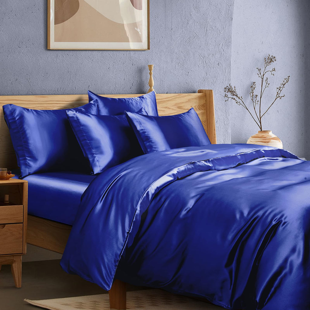 Royal Blue Satin Duvet Cover Set - 6Pc Bed Linen Set with Fitted Sheet & 4 Pillowcases