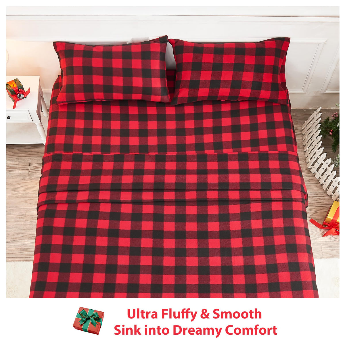 Fleece Sheet Set, Soft Plush Bed Sheets, 4-Piece, Red Buffalo Plaid