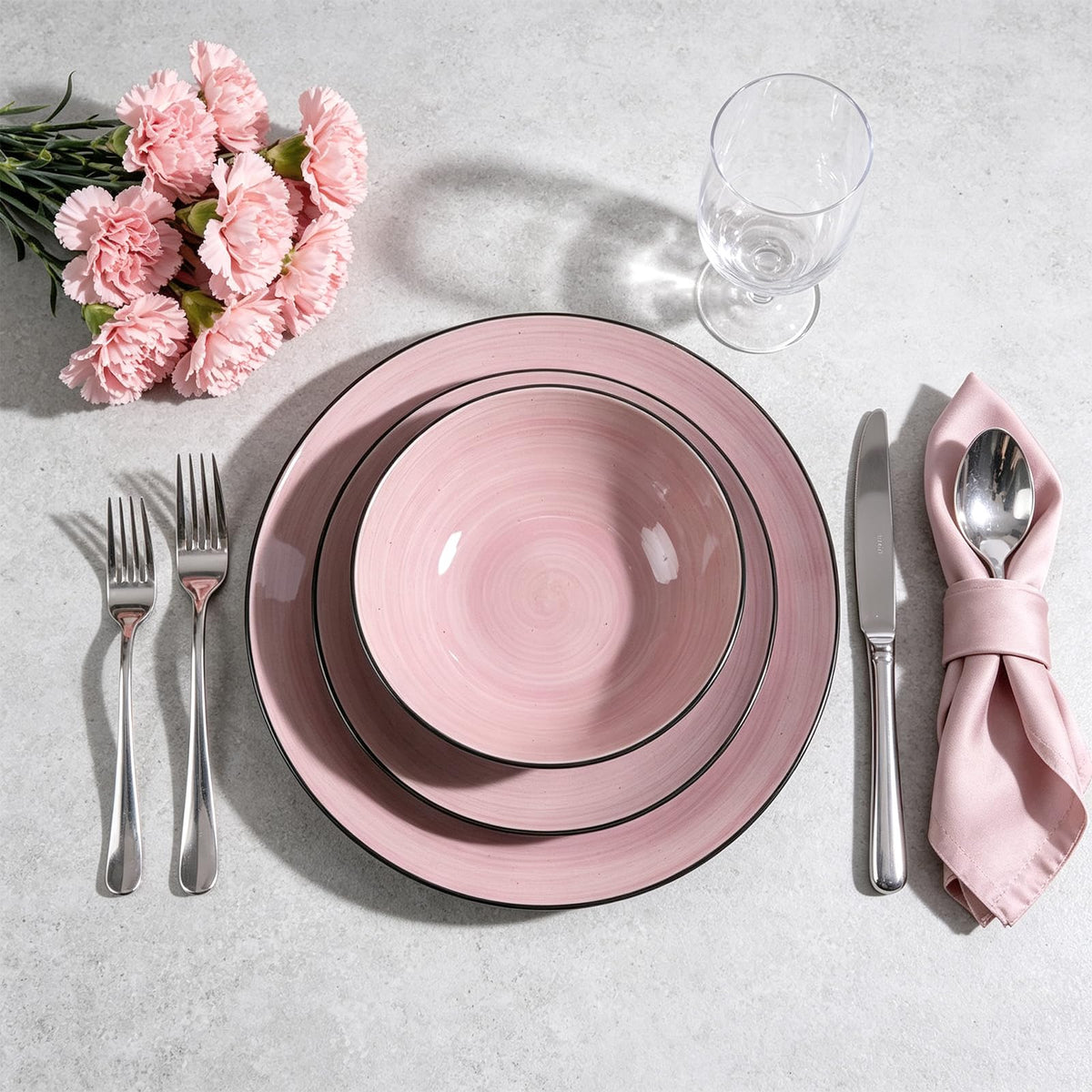 Stoneware Dinnerware Set, Sonoma 18 Piece Service for 6, Black & Speckled Pink Spinwash Plates and Bowls, Microwave &
