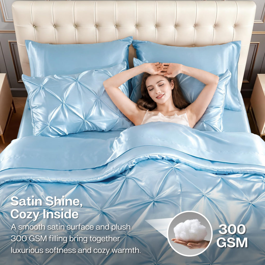 Satin Comforter Set Light Blue, 7-Piece Pintuck Bed in A Bag