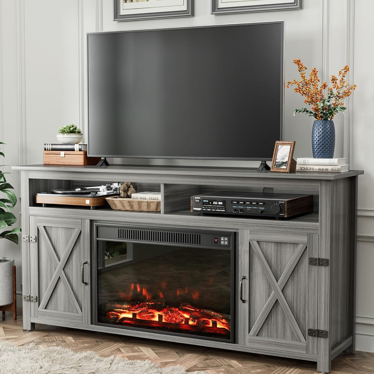 Farmhouse Fireplace TV Stand for TVs up to 65+ Inches, Entertainment Center with Storage Cabinets, Barn Doors and Shelves, Gray Wash