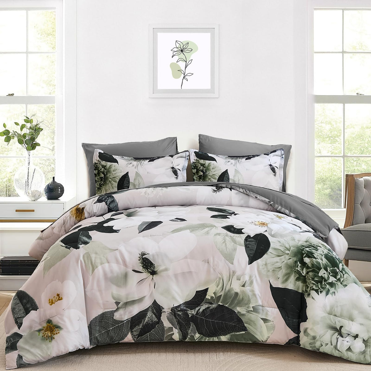 Luxury Grey Floral Comforter Set 7 Pieces