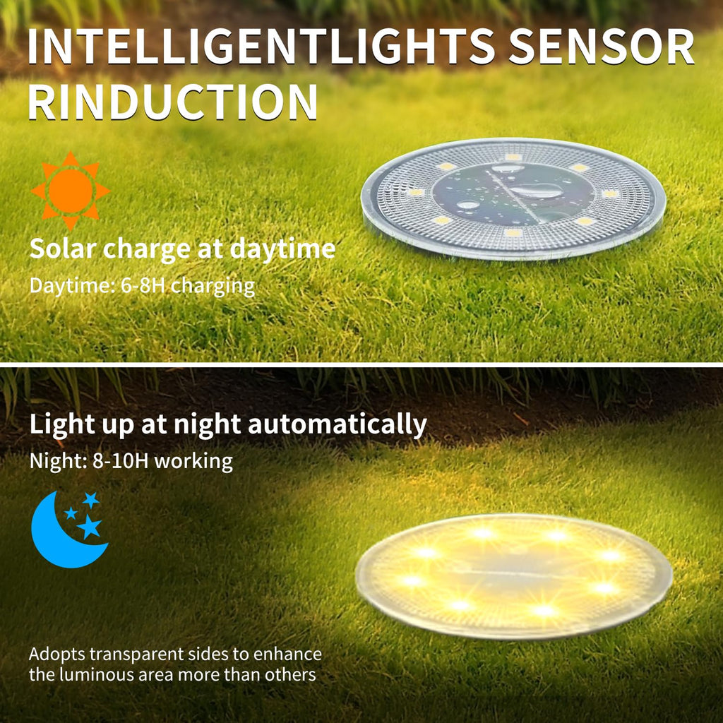 Ground Lights 12 Pack, IP68 Waterproof Solar Disc Lights for Outdoor, Flat Garden Light, In-Ground Light, Landscape
