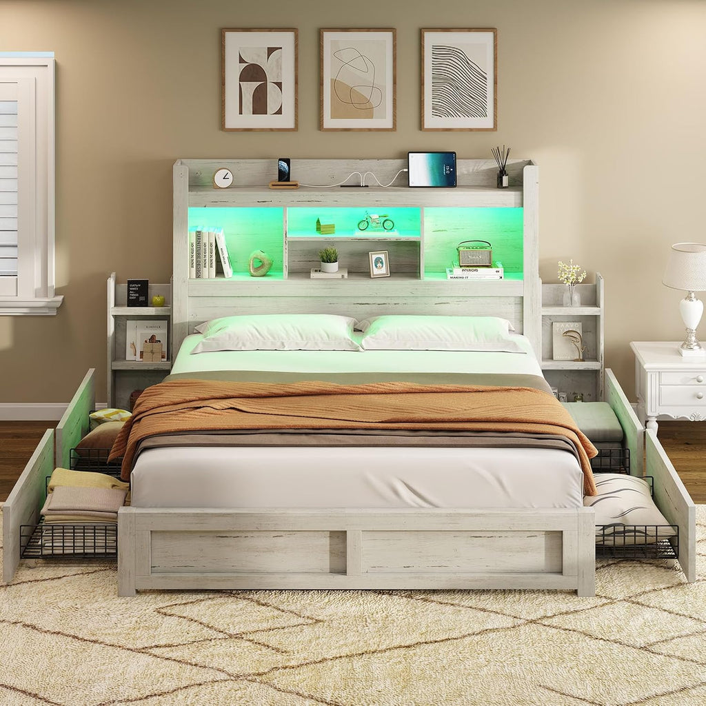 Queen Bed Frame with 4 Storage Drawer, LED Bed Frame with 49.6" Tall Bookcase Headboard, Wood Platform Bed with Charging Station & 2 Slide Bedside Shelf, No Box Spring Needed/Distressed White