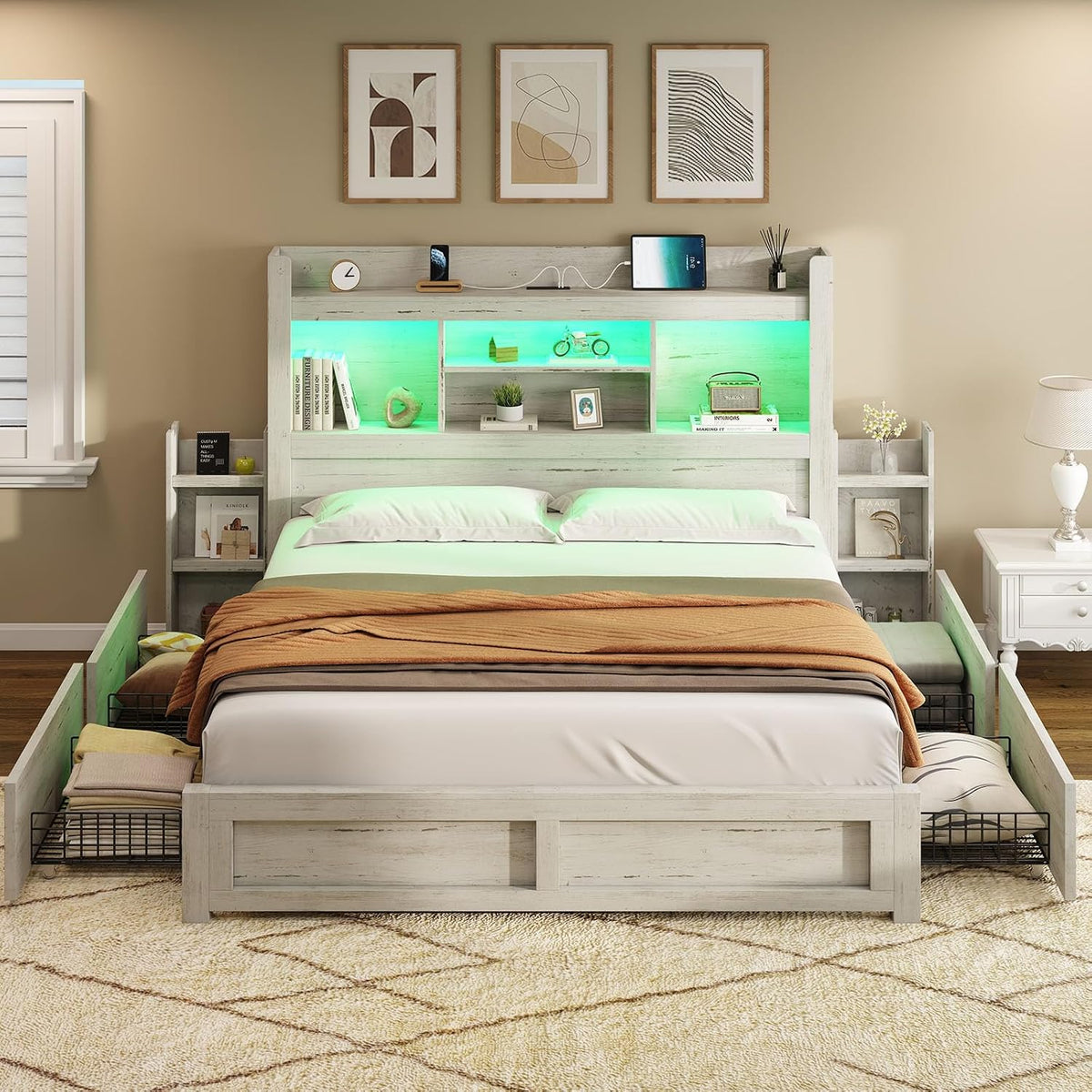 Queen Bed Frame with 4 Storage Drawer, LED Bed Frame with 49.6" Tall Bookcase Headboard, Wood Platform Bed with Charging Station & 2 Slide Bedside Shelf, No Box Spring Needed/Distressed White