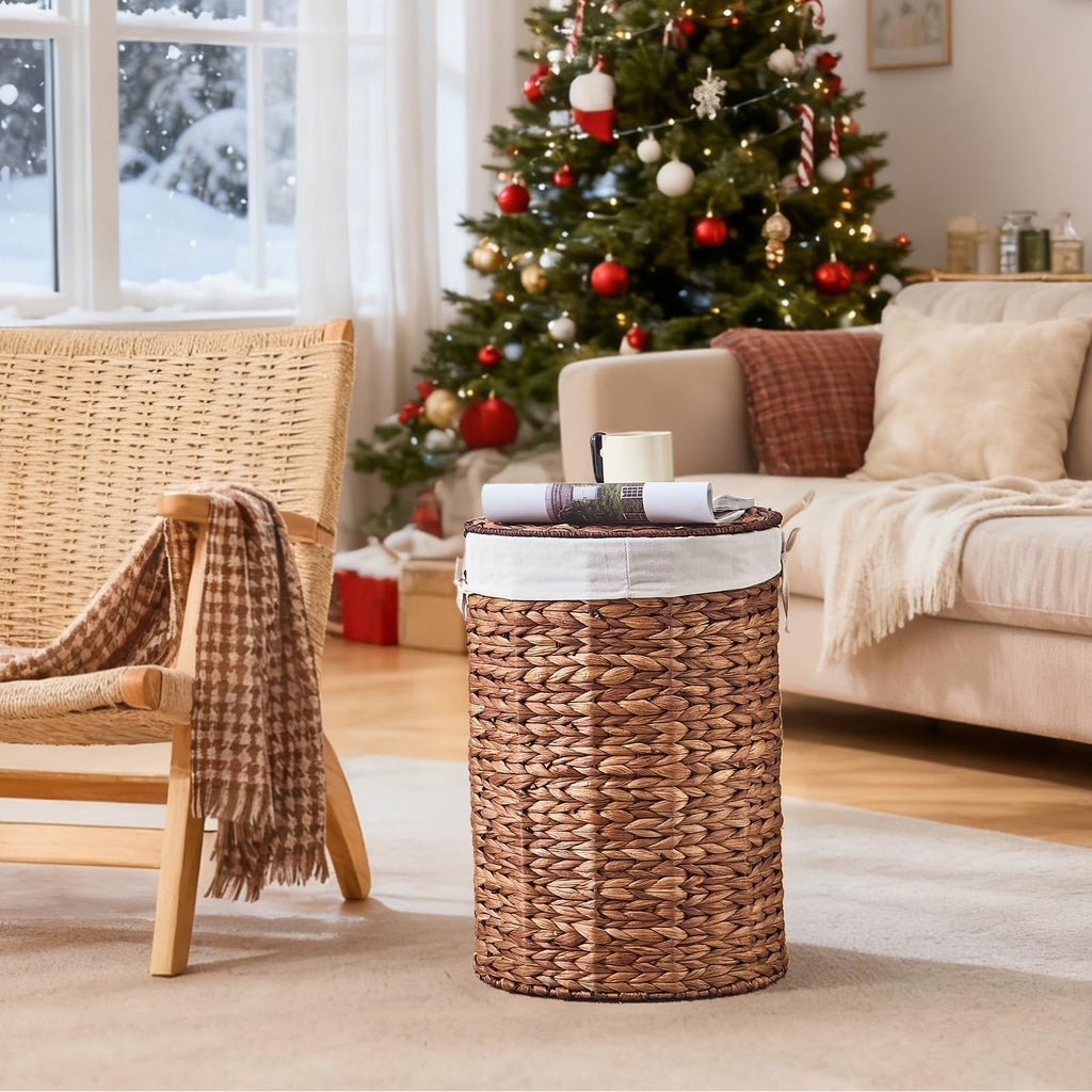 Round Water Hyacinth Laundry Hamper with Lid Handwoven Wicker Basket with Handles for Dirty Clothes, Storage, and