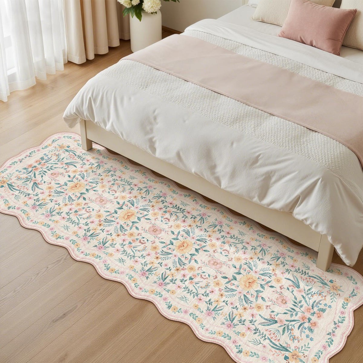 Scalloped Floral Runner Rug, Pink Washable Non-Slip Boho Hallway Rug, Soft Cute Carpet Runner, Laundry, Entryway