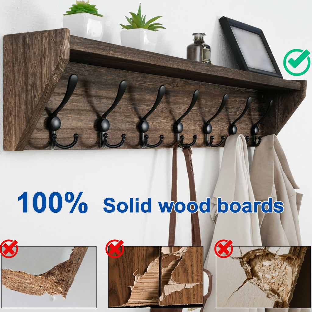 Coat Rack Wall Mount with Shelf, 35" Long Wall Shelf with Hooks Underneath, 7 Triple Hooks, Weathered Brown