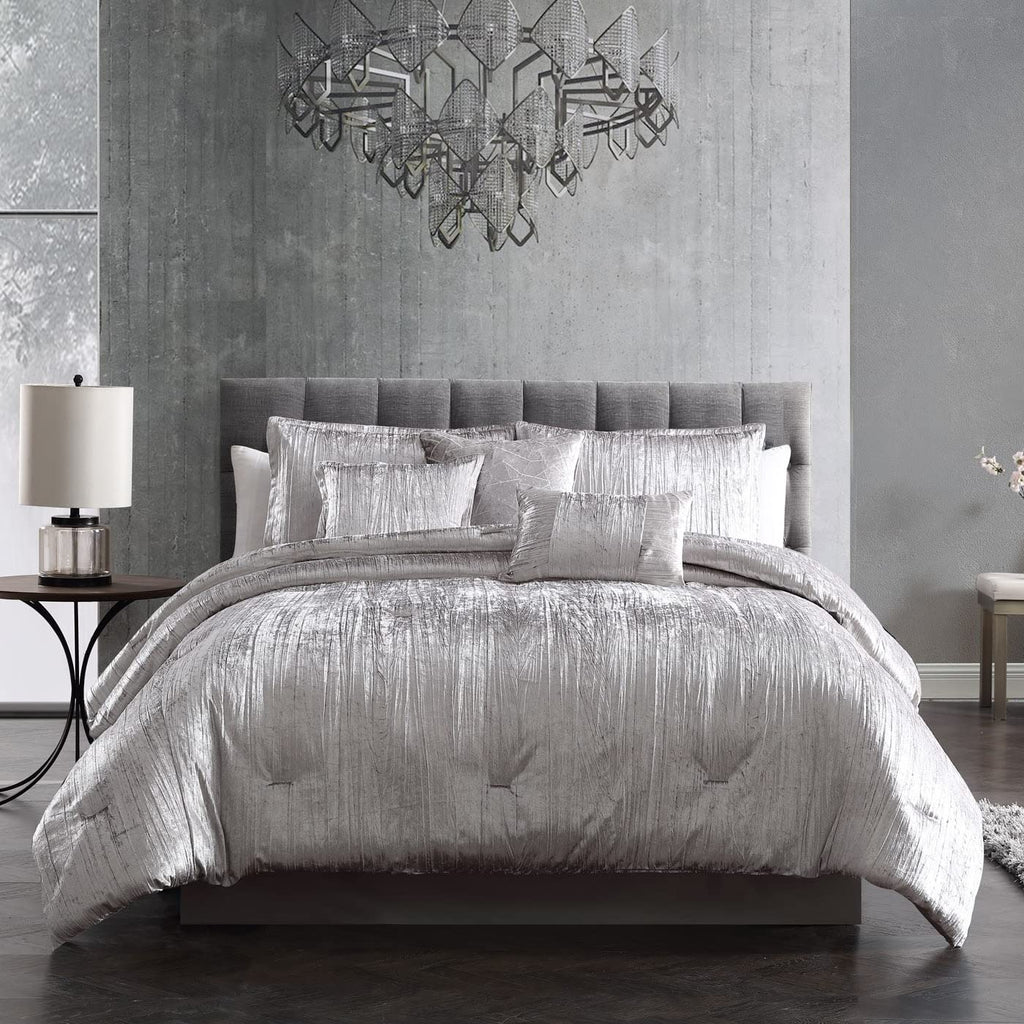 Turin Crinkle Velvet Comforter Bedding Set, King Size, Glam Textured Décor, Silver, 7 Pieces
