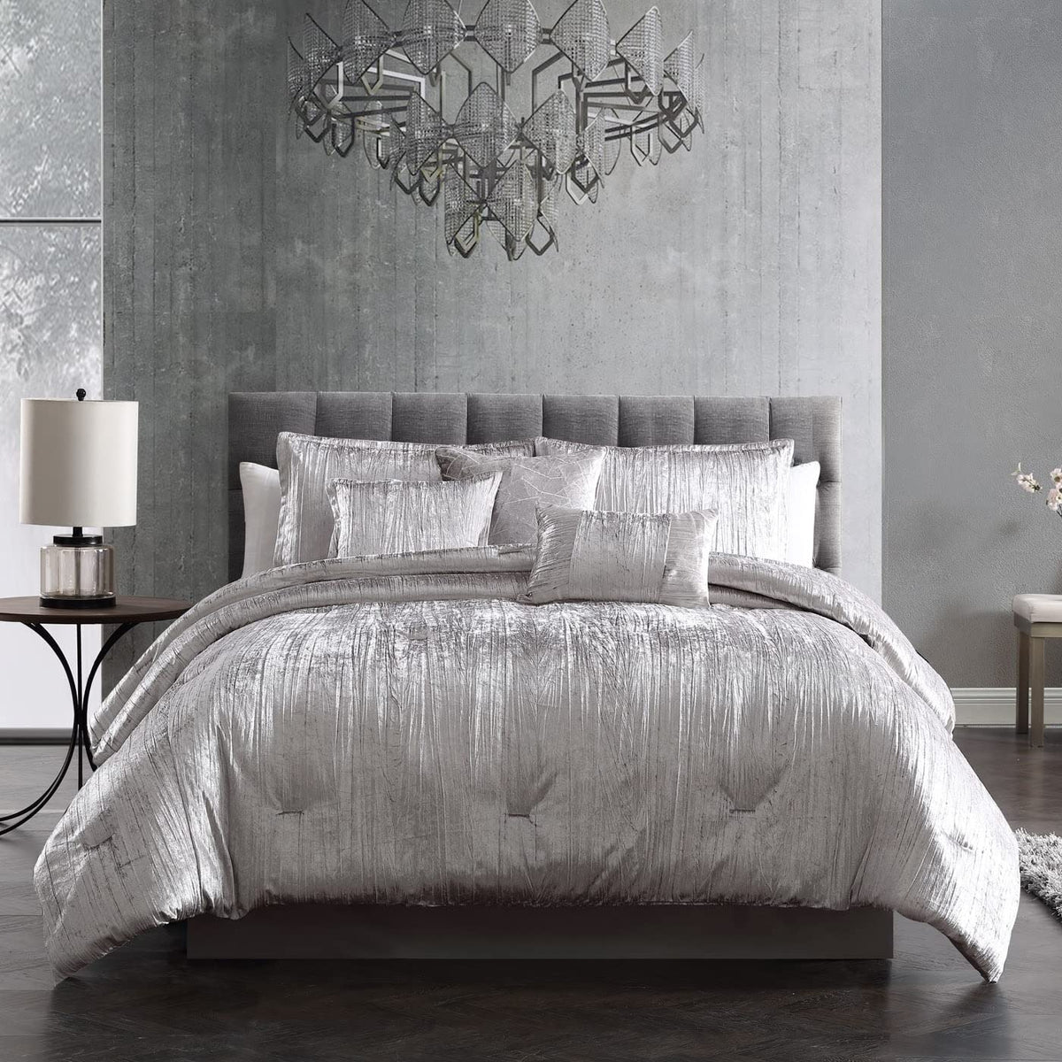 Turin Crinkle Velvet Comforter Bedding Set, King Size, Glam Textured Décor, Silver, 7 Pieces
