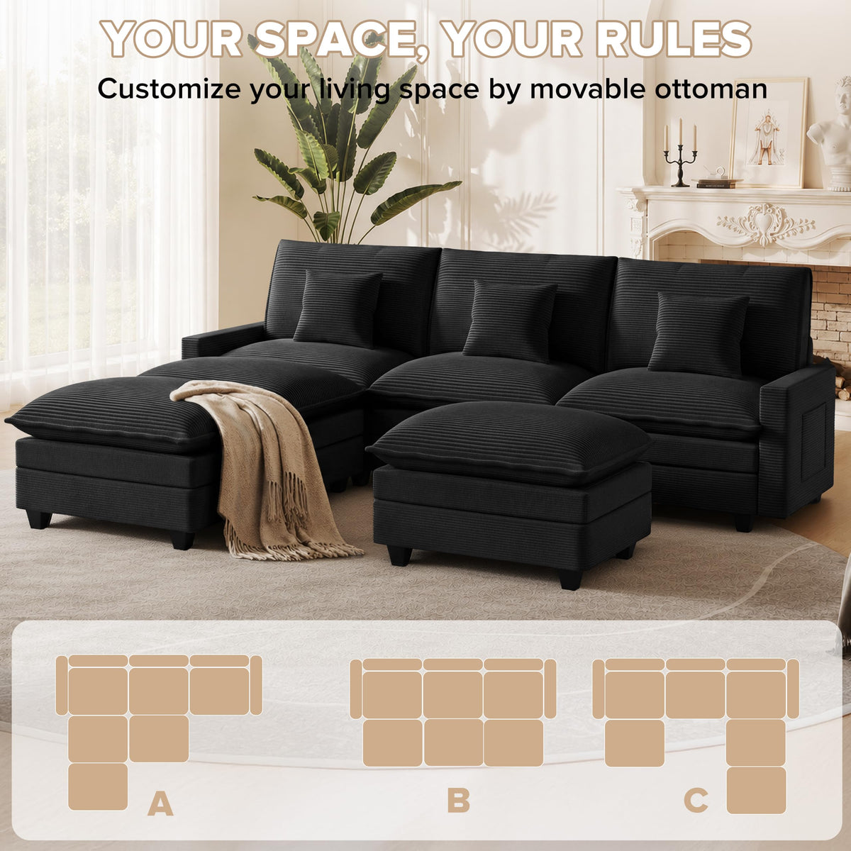 Modular Sectional Sofa with 3 Movable Ottomans, 107" Cloud Couch Sectional