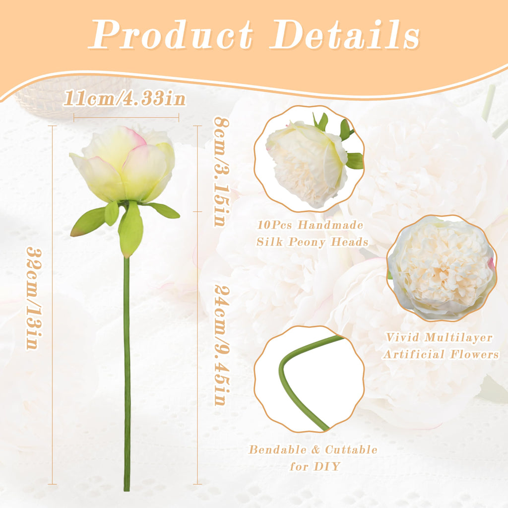 10PCS Artificial Peony, Real Touch Fake Silk Bouquet with Stems Mothers Day Wedding Party Centerpieces Table