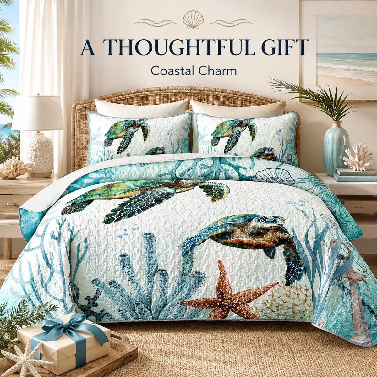 Sea Turtle Bedding Quilt Set, Teal Blue Ocean Beach Coastal Bedspread Coverlet, 3 Pieces Soft Lightweight