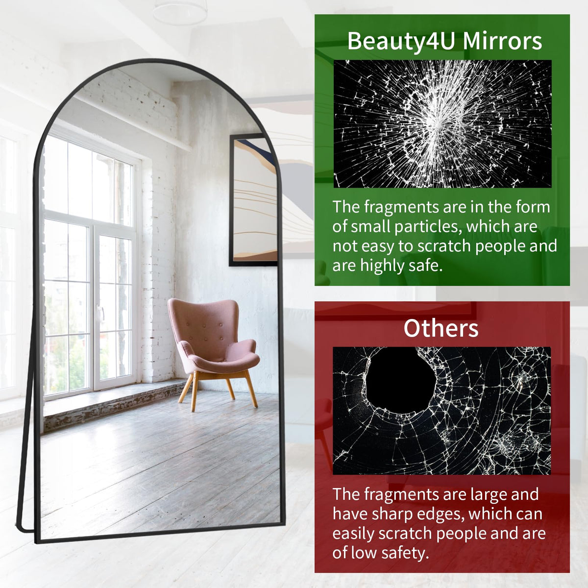 76" x 37" Arched Full Length Mirror with Stand, Black Floor Mirror